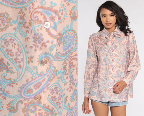 Paisley Ascot Blouse 70s Neck Tie Top Psychedelic Shirt Vintage Bow Secretary 1970s Button Up Boho Long Sleeve Bohemian Vintage Medium Large