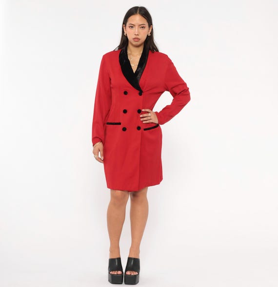 Scarlet Double Breasted Blazer Dress 90s Red Tuxedo Style Shawl Collar Black Velvet Trim Long Sleeve Cocktail Party Evening Fitted Small S