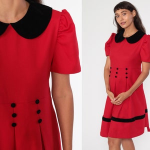 Red Dolly Dress Puff Sleeve 90s Midi Dress PETER PAN Collar Dress Vintage Pleated Dress 1990s Lolita Dress Preppy Large 12