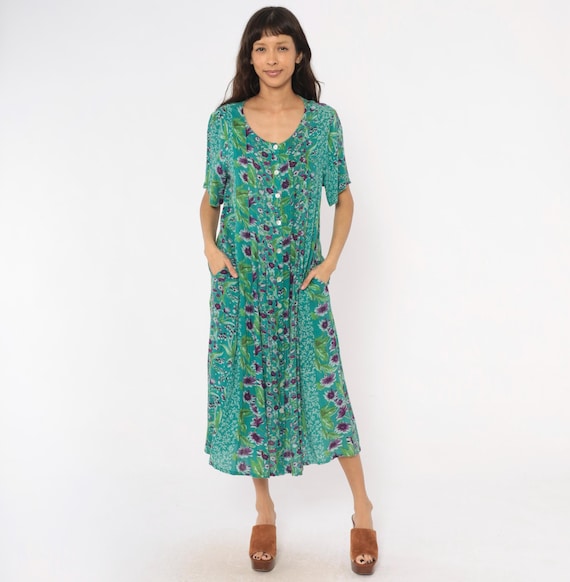 90s Floral Button Front Midi Dress Teal Purple Garden Short Sleeve Patchwork Pockets Cottagecore Prairie Summer Vintage La Cera Medium M