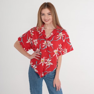 Red Hawaiian Shirt 90s Tropical Floral Blouse Button Up Top Summer Short Sleeve Orchid Flower Print Casual Tie Front 1990s Vintage Medium M