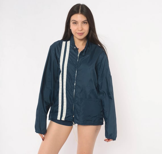 70s Racing Stripe Windbreaker Navy Blue Zip Jacket White Stand Collar Snap Button Nylon Wind Breaker Vintage Sporty Athletic Coat Small S
