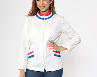 Mod Ringer Jacket Vintage 70s Jacket White Striped Track Jacket 1970s Zip Up Mock Neck Windbreaker Red Blue Lightweight Preppy Small S