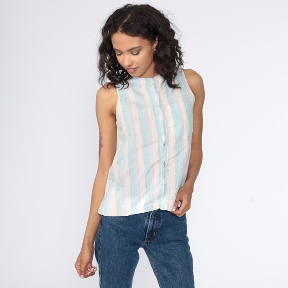 Pastel Striped Tank Top 80s Pink Purple Button Up Sleeveless Top Cotton Retro Casual Summer Blouse 1980s Vintage Extra Small xs