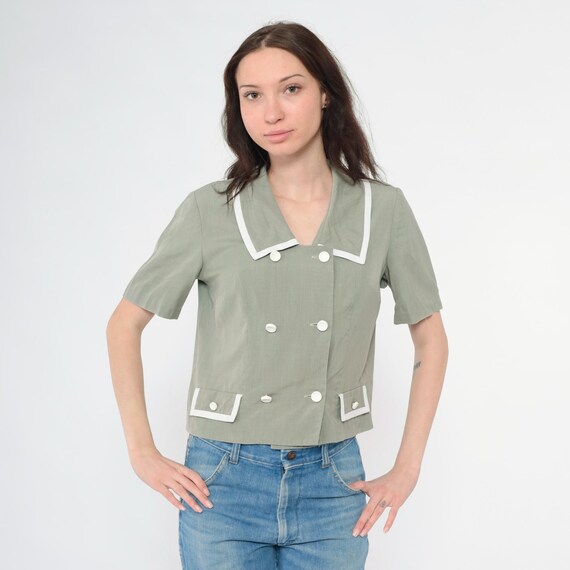 Vintage Grey Double Breasted Blouse Shirt 80s Preppy Top Button Up Tailored Secretary Office Shirt Collared Retro Short Sleeve Medium M