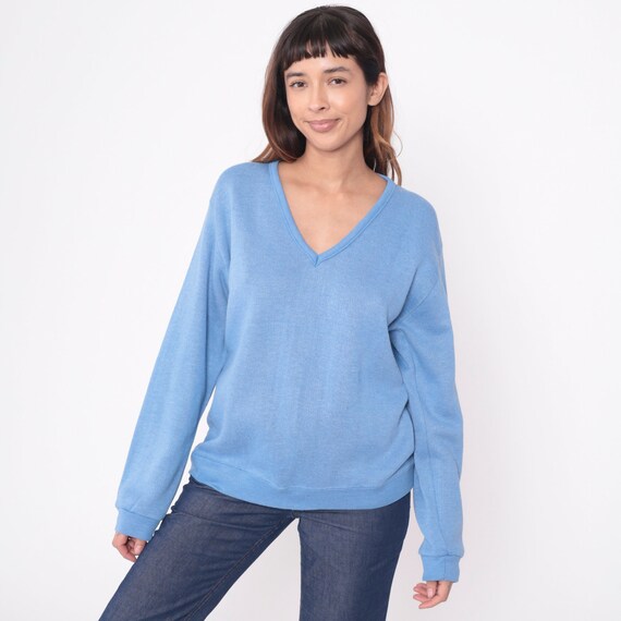 Light Blue Sweater 80s V Neck Knit Pullover Sweat… - image 4