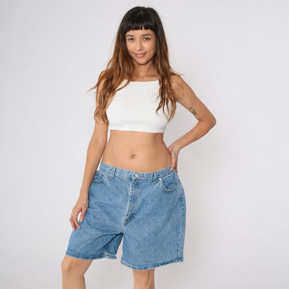 Vintage 90s Denim Shorts Faded Glory High Waisted Jean Shorts Retro Mid Length High Rise Basic Tomboy Blue 1990s Large 36 Waist