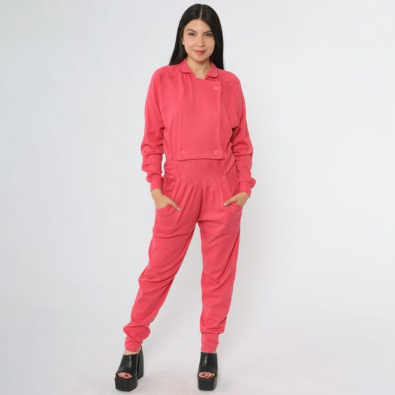 Hot Pink Tracksuit 80s Button Front Jacket Tapered Pants Cotton Polyester Blend Sweat Set Vintage Athleisure Loungewear Small S