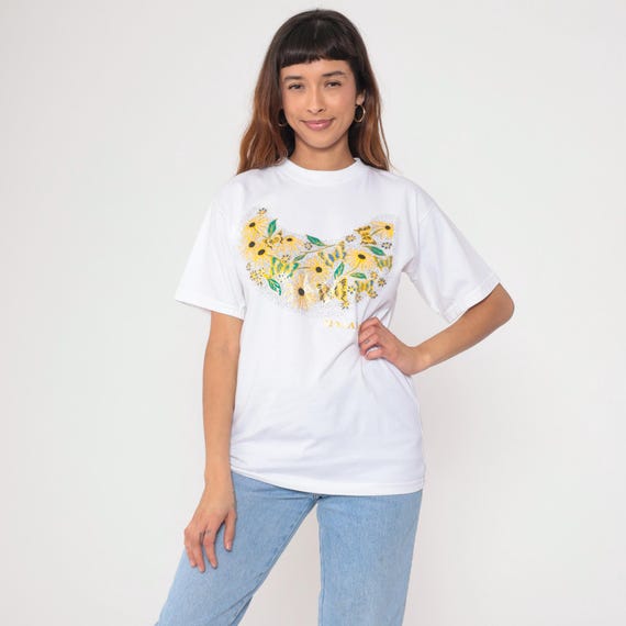 Vintage Mazatlan Mexico T-Shirt 90s Metallic Floral Tee Black Eyed Susan Butterfly Graphic Tshirt Tourist Travel Souvenir White 1990s Small
