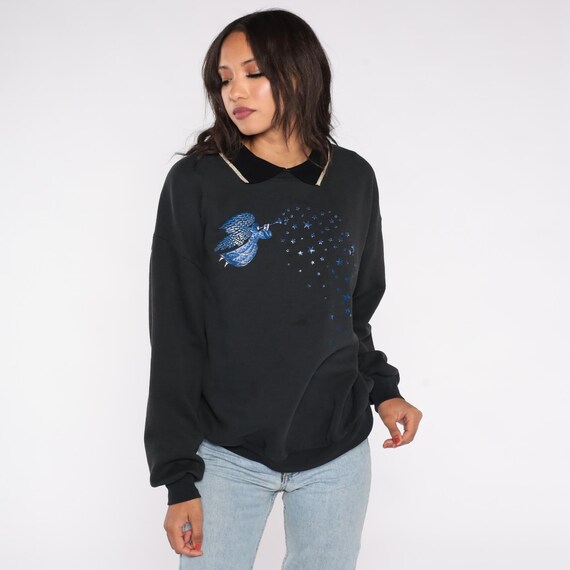 90s Angel Sweatshirt Vintage Morning Sun Black Blue Star Print Collared Pullover Made In USA Celestial Graphic Cotton Blend Top Plus 1X