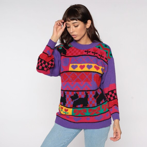 80s Scottie Dog Sweater Kawaii Grandma Sweater Purple Knit Geometric Hearts Tulips Flowers Bows Novelty Print Pullover Retro Vintage Large