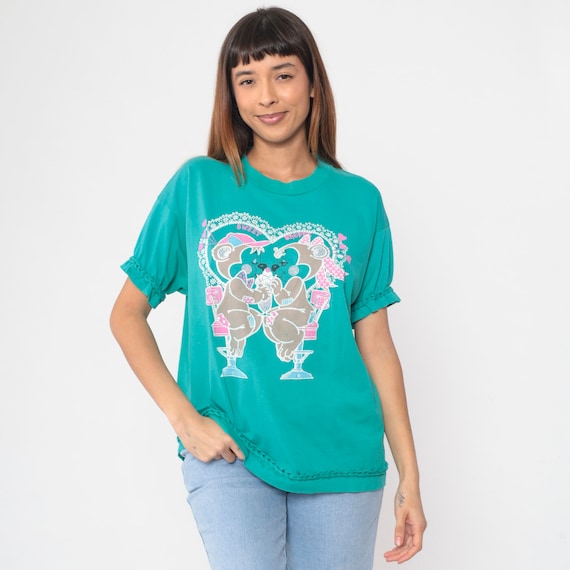 Bears in Love Shirt 90s Cute Animal T-Shirt Kawaii Bear Cartoon Ice Cream Graphic Tee Single Stitch Teal Green Vintage 1990s Extra Large xl