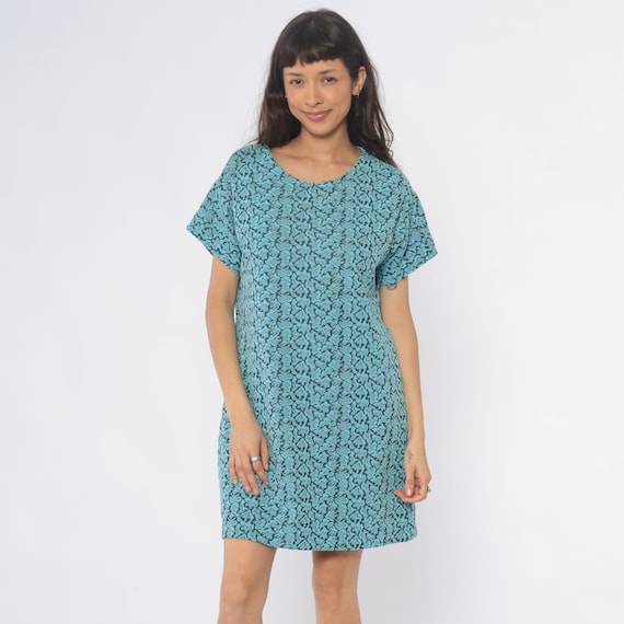 60s Turquoise Shift Dress Blue Black Floral Damask Print Mini Mod Style Short Sleeve Round Neck A Line Go Go Vintage Summer Large L
