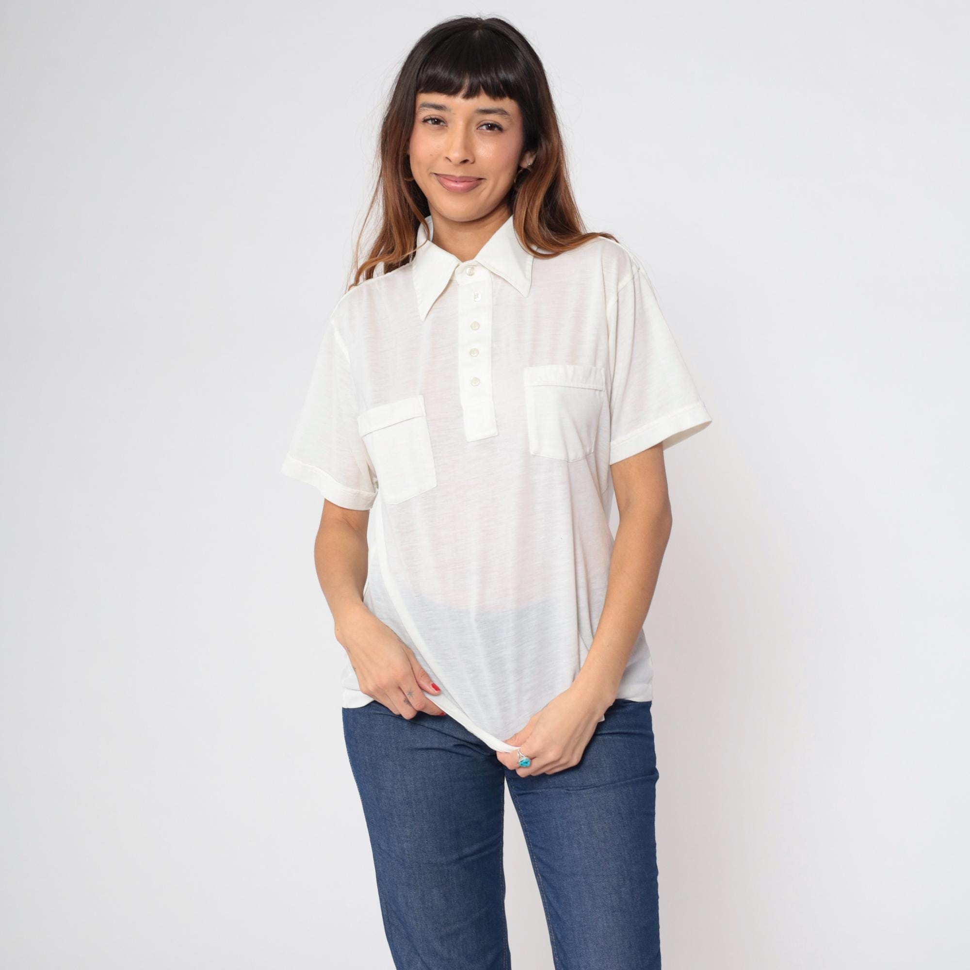 トップス 80s- White see-through shirt Vintage White Sheer Blouse With Embroidery Details, Elegant