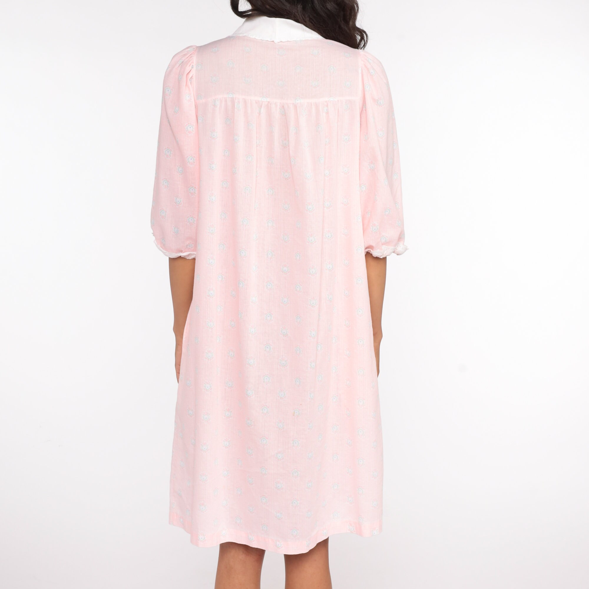 Floral Nightgown Pajama Dress 80s Puff Sleeve Nightie Baby Pink Midi ...
