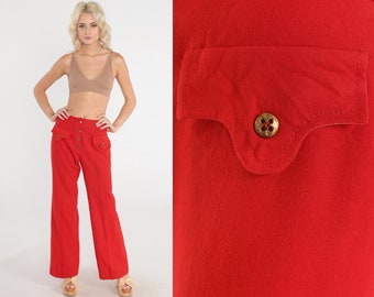 Pantalon en laine rouge des années 70, pantalon à bas cloche, taille haute, braguette à boutons, jambe évasée, jambe évasée, bohème hippie évasé unie rétro, vintage des années 1970, petit 28