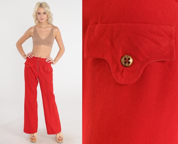 Red Wool Pants 70s Bell Bottom Trousers Mod High Waisted Button Fly Flared Leg Hippie Bohemian Flares Retro Plain Vintage 1970s Small 28