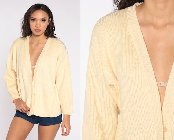 80s Cardigan Sweater Cream Button Up Sweater Grandma Slouchy Boho Vintage Slouch Retro Nerd Bohemian Plain Medium