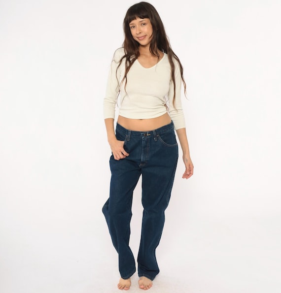 90s Rustler Jeans Dark Denim High Rise Straight Leg Navy Blue Workwear Vintage Mens Classic Fit Five Pocket 34 Waist Minimalist Large L