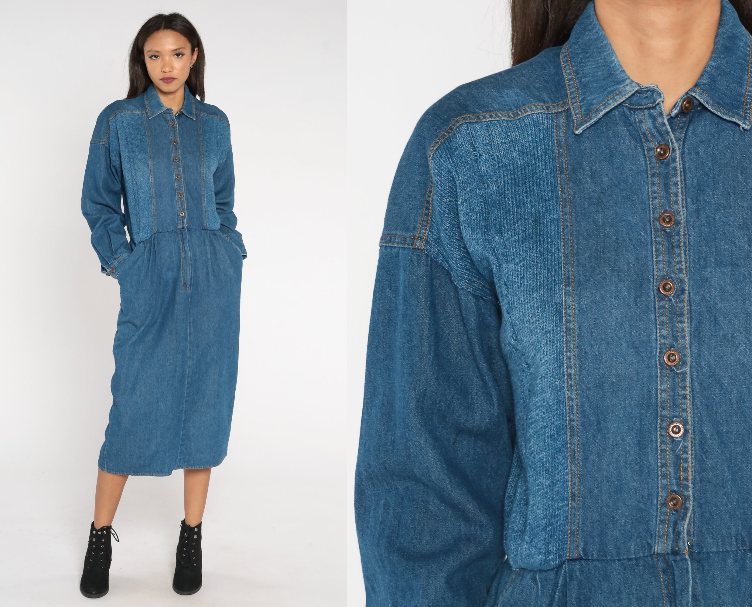 90s Denim Dress Blue Jean Shirtdress Midi Pencil Button Up Dress Flared
