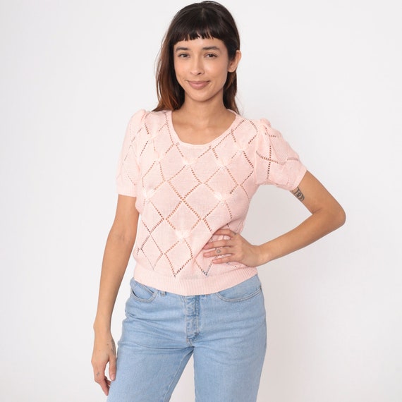 80s Pointelle Sweater Top Baby Pink Pearl Beaded Knit Short Puff Sleeve Openwork Cutout Shirt Feminine Eyelet Cut Out Vintage 1980s Small 4