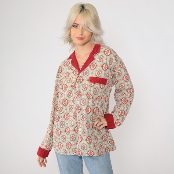 70s Pajama Shirt Geometric Button Up Sleep Shirt Long Sleeve Top Collared Lounge Sleepwear Seventies Vintage 1970s Red Grey Men's Medium