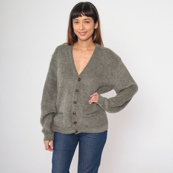 70s Mohair Blend Cardigan Grey Button Up Knit Sweater Retro Plain V Neck Grandpa Sweater Slouchy Basic Knitwear Vintage 1970s Arrow Large L