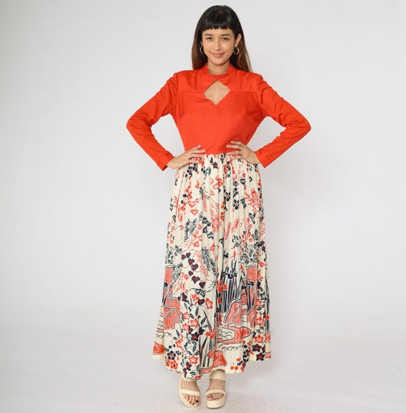 70s Red Floral Dress Japanese Scenic Print Maxi Dress Vintage Long Sleeve Keyhole Choker Neckline Retro 1970s Boho Hippie Peekaboo Large 12