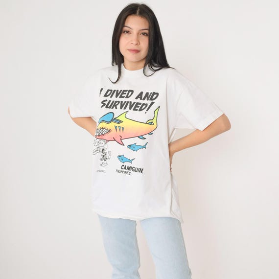 Vintage Scuba Diving Shirt XL 90s Camiguin Philippines Shark Tee I Dived and Survived! Retro TShirt Diver 1990s Graphic Tshirt Extra Large