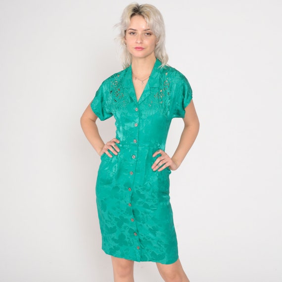 Green Floral Dress 90s Silk Mini Dress Cutout Flower Embroidered Bali Cutwork Button up Pencil Sheath Vintage 1990s Petite Extra Small xs