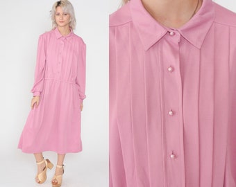 Pink Shirtwaist Dress 80s Button up Midi Dress Pleated Secretary Long Sleeve High Waisted Collared Vintage The Shirt Dress 1980s 3xl xxxl 20