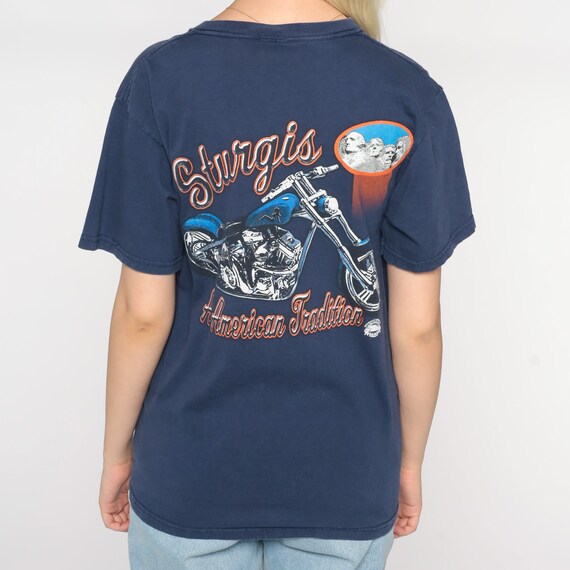 Sturgis T Shirt Y2K Motorcycle Rally T-Shirt Biker Graphic Tee Blue South Dakota American Tradition Mt Rushmore Print 00s Retro Small Medium
