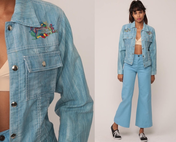 Denim Jacket EMBROIDERED CACTUS 70s Jean Jacket Boho Mexican Southwest Blue Hippie Trucker Vintage Bohemian 1970s Hipster Extra Small xs