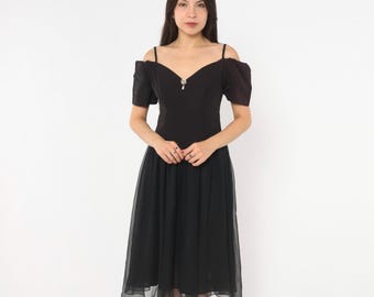 90s Black Evening Dress Cold Shoulder Sweetheart Neckline Puff Sleeve Rhinestone Pearl Party Cocktail Prom Gothic Witchy Whimsigoth Small S