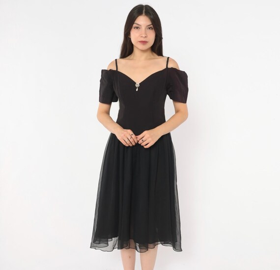 90s Black Evening Dress Cold Shoulder Sweetheart Neckline Puff Sleeve Rhinestone Pearl Party Cocktail Prom Gothic Witchy Whimsigoth Small S