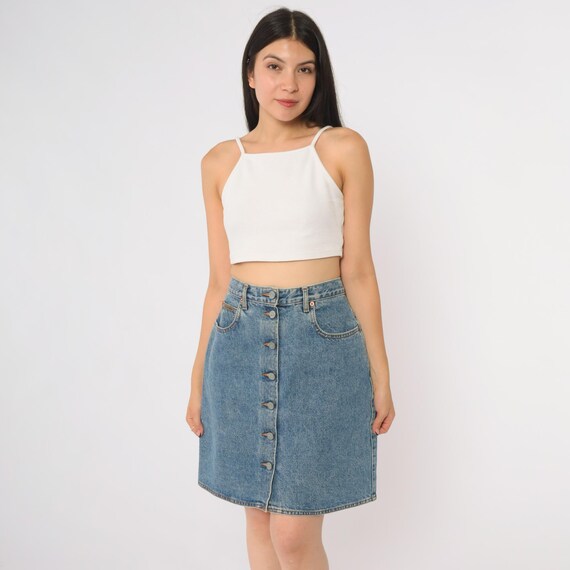 Calvin Klein Skirt 90s Denim Vintage Blue Button Front High Waisted A-Line Mini Jean Skirt Designer Cotton CK Preppy Chic Outfit Size 6