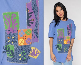 Abstract T-Shirt 90s Glitter Shirt Colorful Floral Top Matisse Inspired Graphic Tee Periwinkle Blue Tshirt 1990s Vintage 2xl xxl