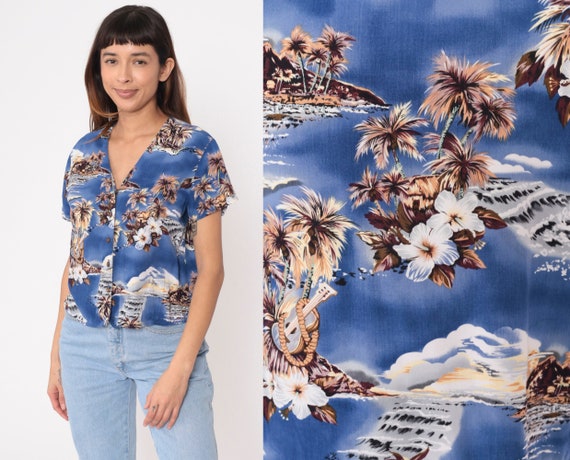 Blue Hawaiian Shirt Y2k Ukulele Tropical Button Up Palm Tree Island Floral Print Blouse Retro Surfer Tourist Short Sleeve Vintage 00s Medium