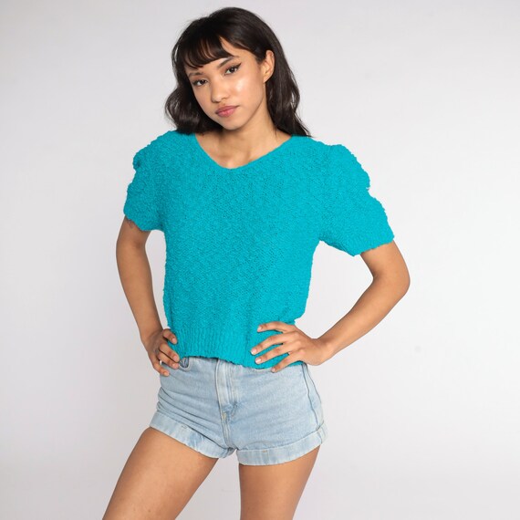 Knit Puff Sleeve Top 80s Turquoise Shirt Boho Sho… - image 2