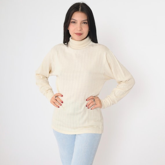 70s Cream Ribbed Turtleneck Shirt Ribbed Knit Long Sleeve Top Retro Turtle Neck Top Basic Plain Blouse Vintage 1970s Medium