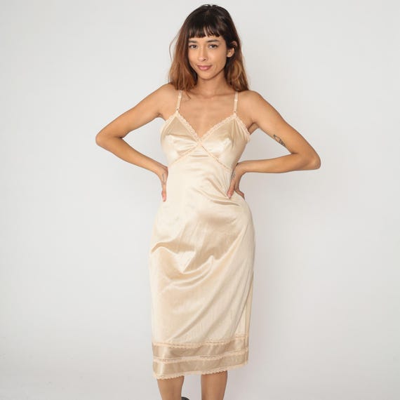 70s Slip Dress Cream Satin Lace Trim Spaghetti Strap Nightgown Lingerie Champagne Beige Nude Vintage Coquette Style Feminine Small S
