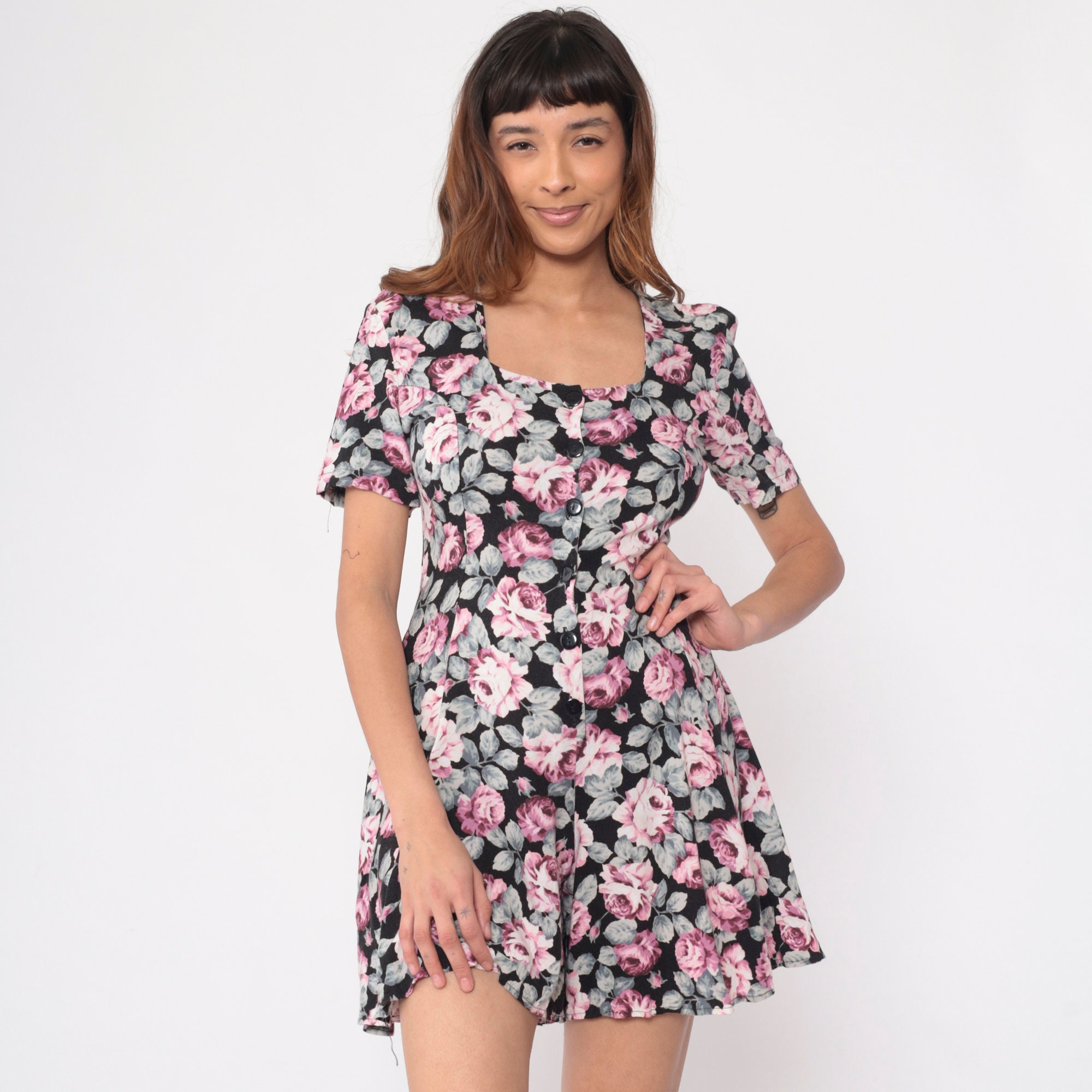 Vintage Floral Romper 90s Pink Rose Print Grunge Playsuit