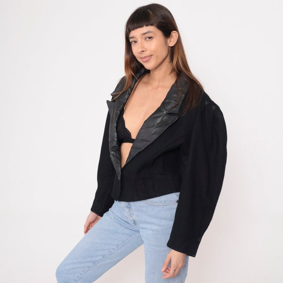 Black Wool Blazer Jacket 80s 90s Leather Collar J… - image 5