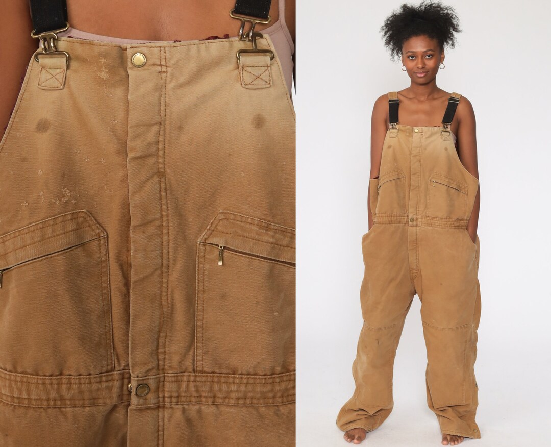 Tan INSULATED Overalls Distressed Coveralls Workwear Brown Baggy Bib