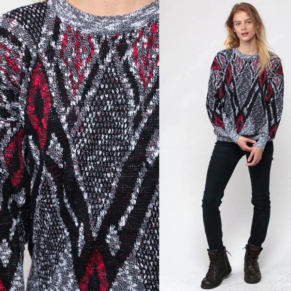 Boho Sweater Geometric Sweater 80s Striped Knit Jumper Grey Black Red 1980s Hipster vintage Pullover Boho Retro Large