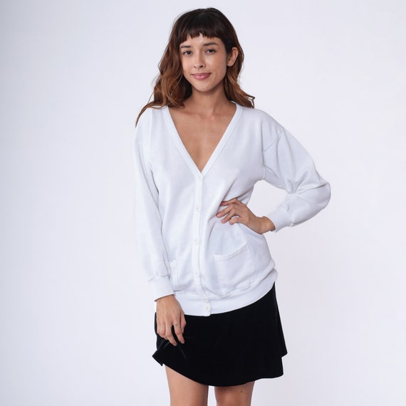 White Cardigan Sweatshirt 90s Deep V Neck Button Up Plain Sweatshirt Slouchy Athletic Sports Pocket Vintage Plain Retro Geek Medium