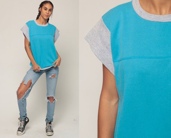 Short Sleeve Sweatshirt Ringer Tee 80s Plain Grunge Turquoise Blue Shirt Slouchy Sweatshirt 1980s Top Vintage Normcore Extra Large xl