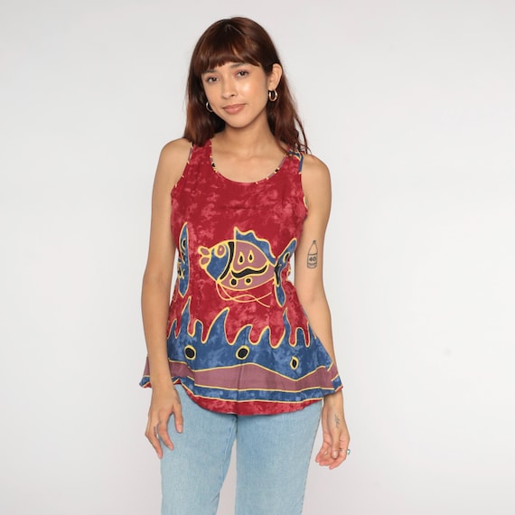 Batik Fish Tank Y2K Red Print Blue Yellow Gold Tie Back Top Tribal Ethnic Psychedelic Festival Beach Summer Hippie Vacation Vintage Small S