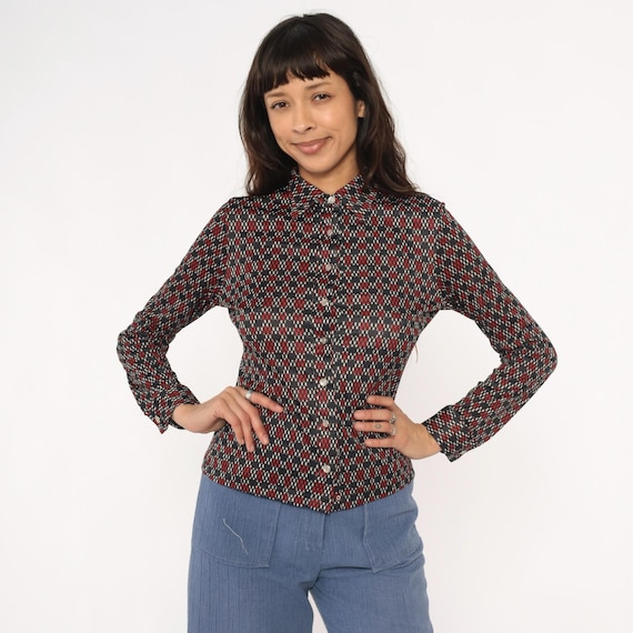 90s Geometric Shirt Black Red White Teal Diamond Pattern Collared Blouse Dark Academia Office Professional Fitted Vintage Work Top Medium M