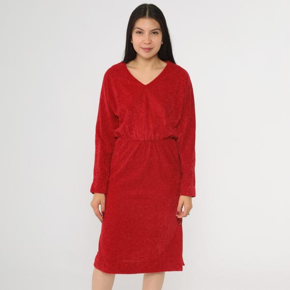Vintage Red Terrycloth Dress 70s 80s Midi Dress Long Dolman Sleeve Button Side V Neck High Waisted Retro Terry Cloth 1970s Small S